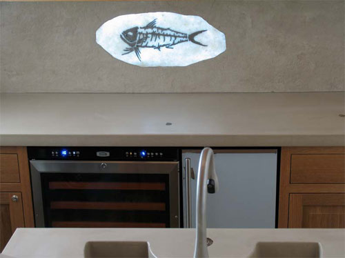 A fish is illuminated with lighting in the back splash of this kitchen countertop