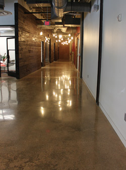 Long polished concrete hall way reflecting the light fixtures off the high shine.