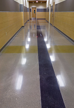 Dyed polished concrete in black, white and yellow provide way finding for guests.