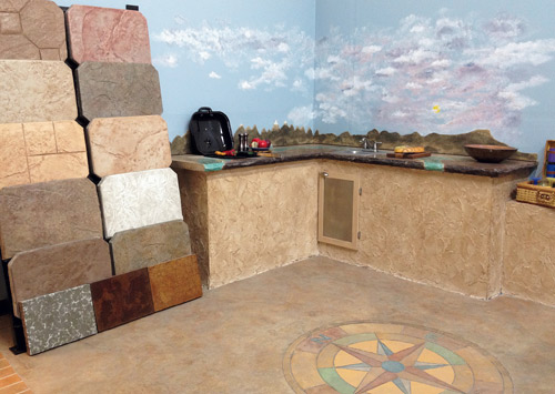 Table Mountain Creative Concrete, of Golden Colo., has installed decorative concrete throughout its office and warehouse. The companys in-house showroom features sample boards and a replica of an outdoor kitchen.  Photos courtesy of Table Mountain Creative Concrete