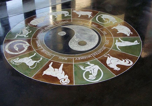 A look at the zodiac calendar that has been engraved and stained onto this concrete floor.