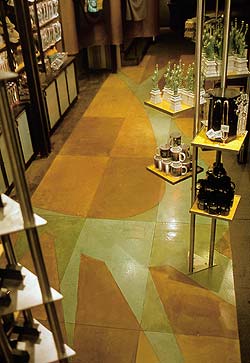 Stunning 3 dimensional stained concrete floor in a high end boutique from Ira Goldberg, Bomanite concrete contractor.