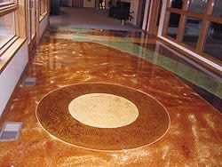 polymer-modified cement floor with a circular pattern