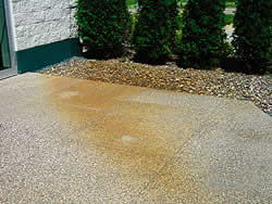 Exposed aggregate patio stained by iron rich sprinkler water waiting to be cleaned.