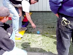 Use a small texture roller to touch up the edges of a stamped concrete print before the concrete is set too much.