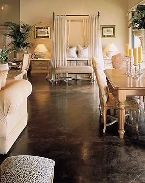 Acid stained concrete gives this room a feel of luxury and warmth.