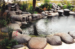 Synthetic rocks around a backyard pond. 