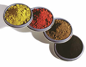 Iron oxide pigments can be synthesized in a range of pure, intense colors and are ground to find powders to provide high tinting strength.