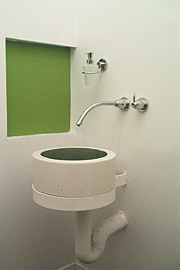 Metakaolin - bathroom sink green square wall space. Used with white portland cement, metakaolin can produce beautiful opalescent finishes. Plus, the bright white metakaolin helps intensify the color we are after.
