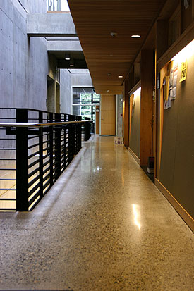 Polished concrete allows the advantage of utilizing the thermal mass of concrete in heating and cooling.