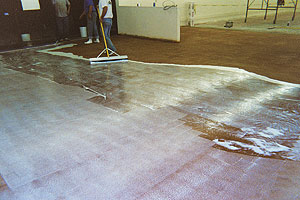Applying Concrete Sealer with a squeegee made of rubber with a long wooden handle for better maneuverability.