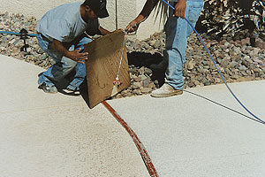 Applying Concrete Sealer with an airless sprayer as a man holds a shield up to protect the plants from the sealer overlay.