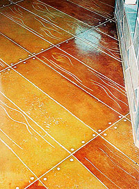 Floor Seasons - For color, he uses Scofield and Kemiko chemical stains almost exclusively. Plastic board is used to prevent bleed, or in some designs one color is put down and sealed before the next is applied. Customers approve colors before the sealer goes down  its in the contract.