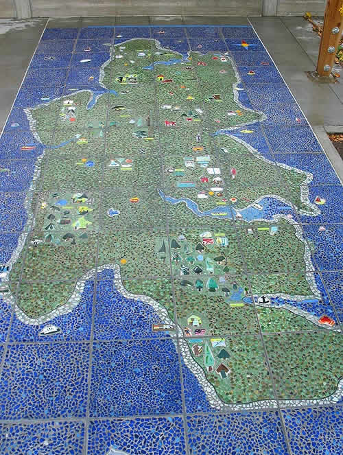 Large concrete mosaic map of Bainbridge Island in Washington