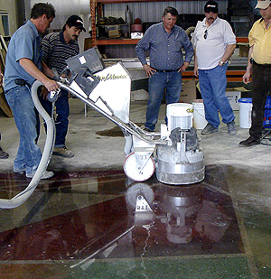 Contractors learn the proper techniques for polishing and dyeing at a training seminar held by GeroQuip in Quebec City, Quebec.
