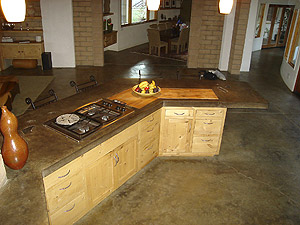 Kitchen island has a concrete countertop made with Quikrete Countertop Mix