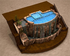 3D Render of Concrete Waterfalls - his conceptual rendering of a residential pool with a 30-foot infinity edge waterfall was created by Lakeland Co. for a Sandpoint, Idaho, client using 3-D computer modeling software. 