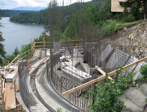 Construction of the Sandpoint, Idaho, pool project as planned in the rendering. Massive footers and rebar were required for a water feature of this size at this location.